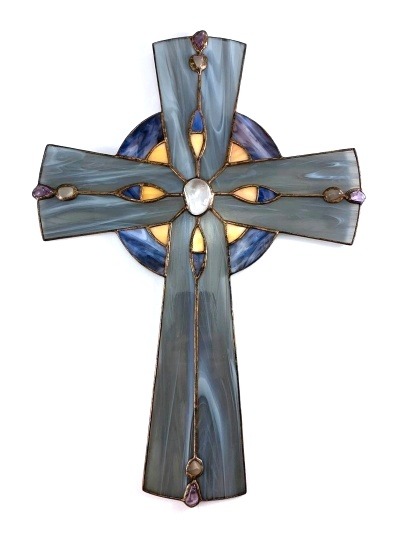 Kříž z opálového skla zdobený kameny - velký, 43 cm