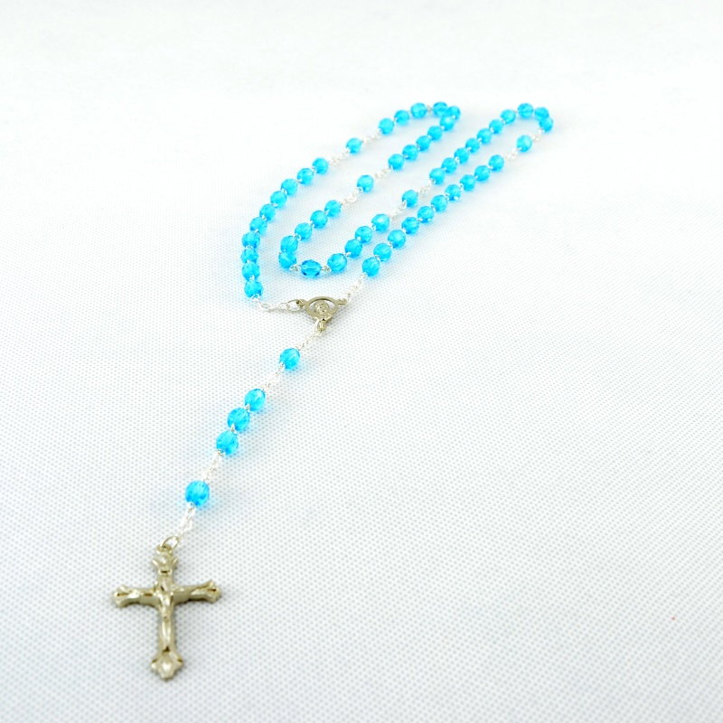Růženec z Jabloneckého skla - tyrkysové broušené perličky se stříbřitým křížkem