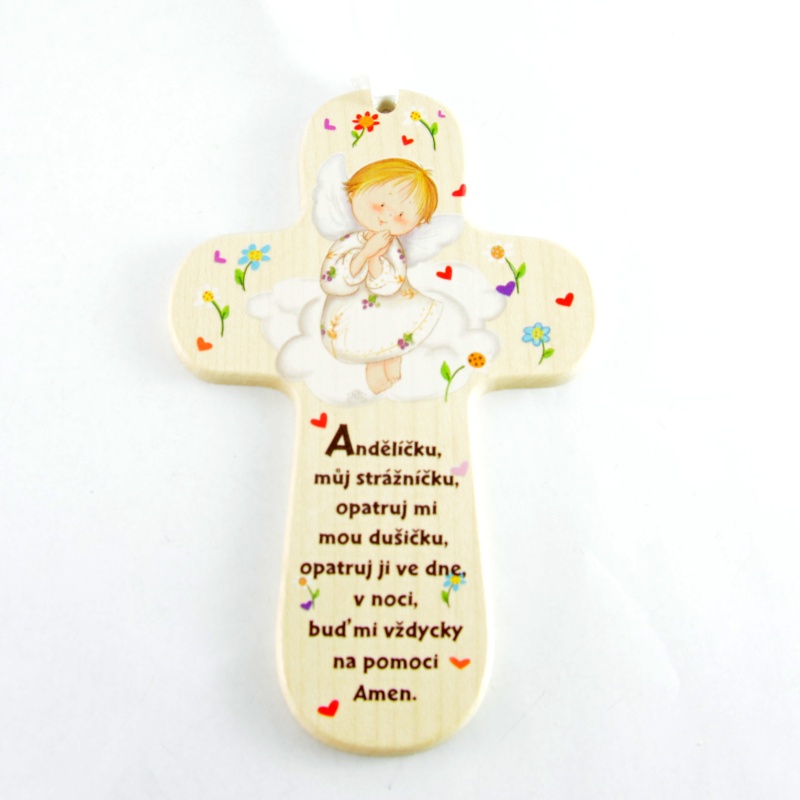 Dětský dřevěný křížek na pověšení, s modlitbičkou - Varianta 2