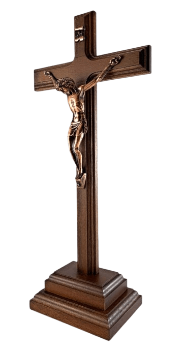 Kříž na na podstavci s měděnou figurou Krista – velký, 34 cm