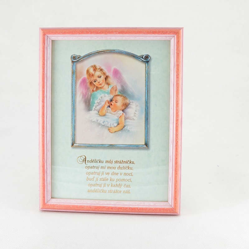 Vlídný obrázek s andělskou modlitbičkou - zasklený, v rámečku - Modravý rámeček