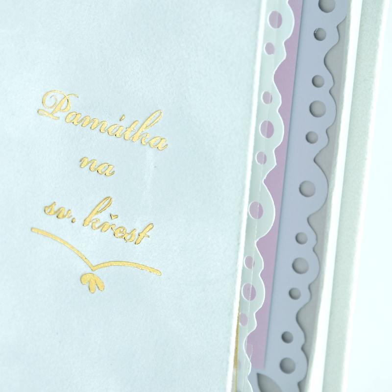 Památka na křest - dárková krabička "knížka" s věnováním a růžencem - Růžová