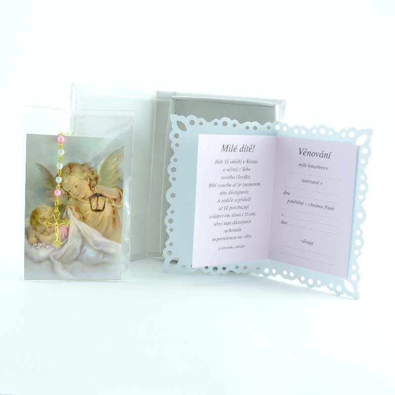 Památka na křest - dárková krabička "knížka" s věnováním a růžencem - Růžová