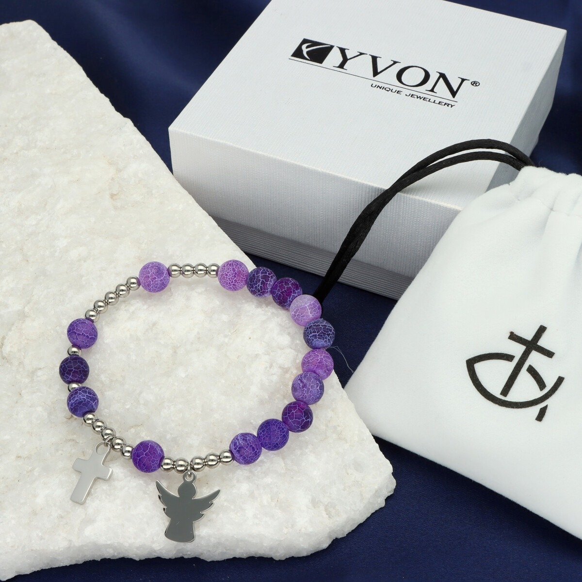 Luxusní dárkový růžencový náramek - fialový achát a chirurgická ocel