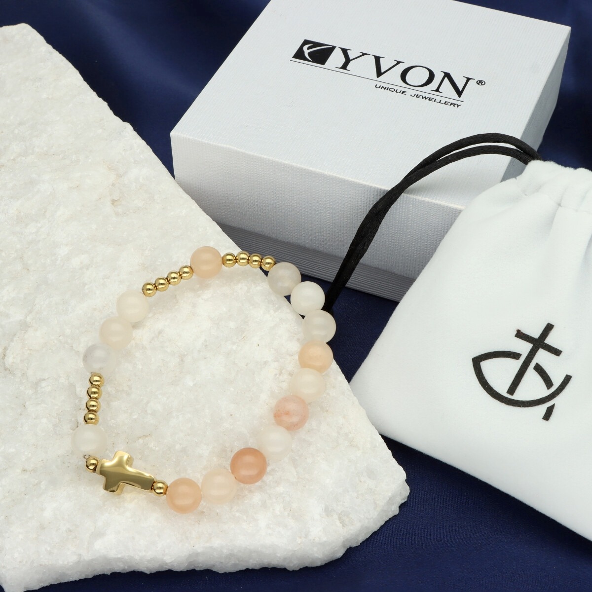 Luxusní dárkový růžencový náramek - avanturín a chirurgická ocel (barvená - zlatá)