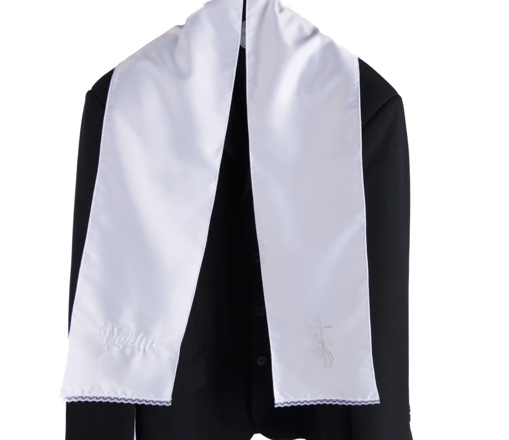 Křestní rouška (stuha) pro dospělé - motiv Kříž s klasem  (bílo stříbrná)