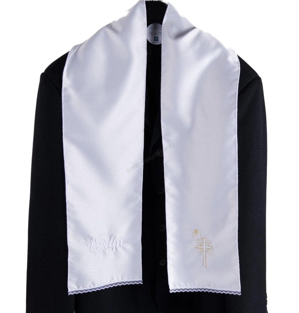 Křestní rouška (stuha) pro dospělé - motiv Záře kříže  (bílo zlatá)