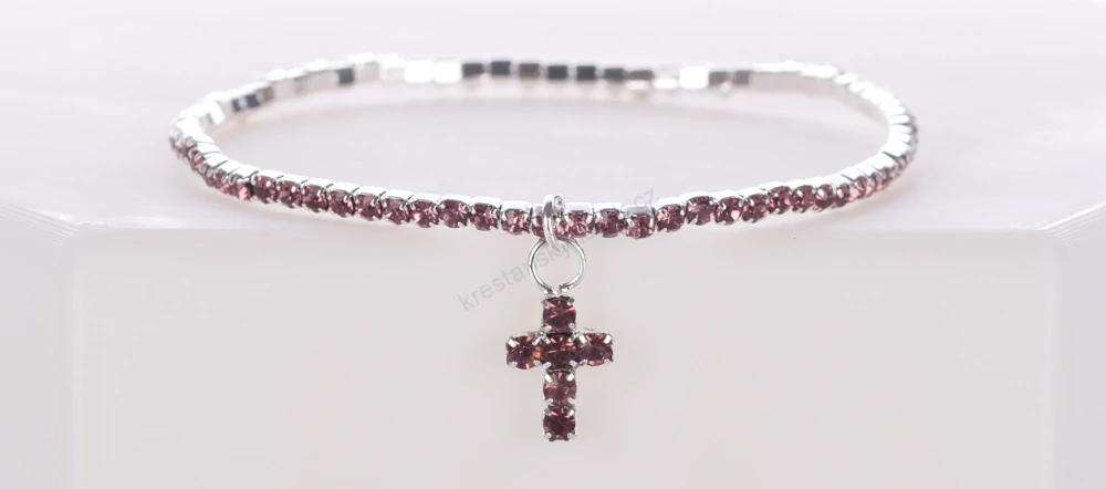 Třpytivý kamínkový náramek s křížkem - mini kamínky, různé barvy