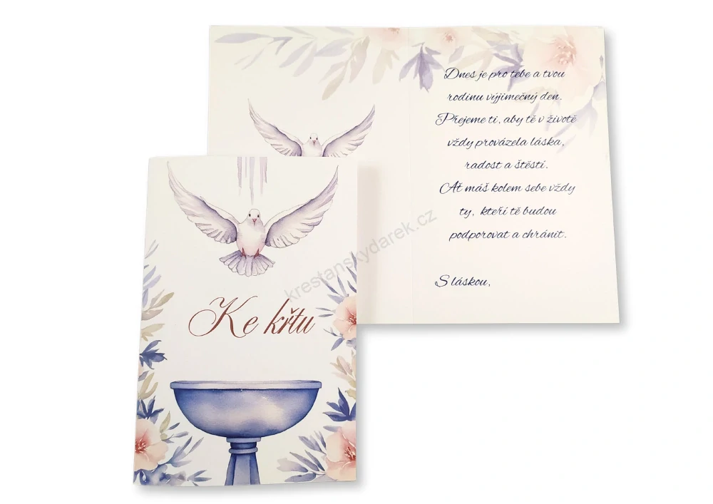 Přání ke křtu s dekorem holubice nad křtitelnicí