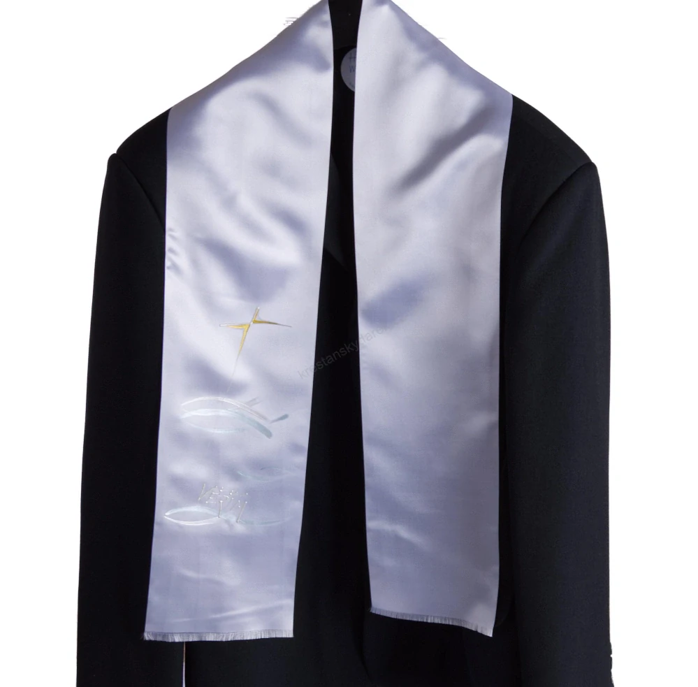 Křestní stuha pro dospělé ručně malovaná s motivem kříže se světle modrými rybkami