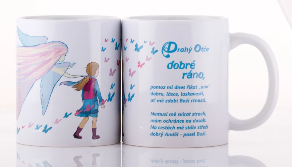 Dětský hrnek s ranní modlitbou pro holčičku v tyrkysové barvě