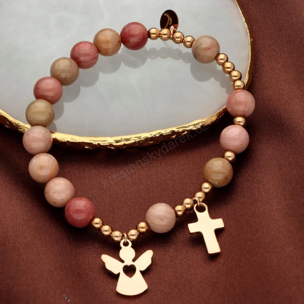 Luxusní náramek - desátek s kamínky z přírodního rodochrozitu