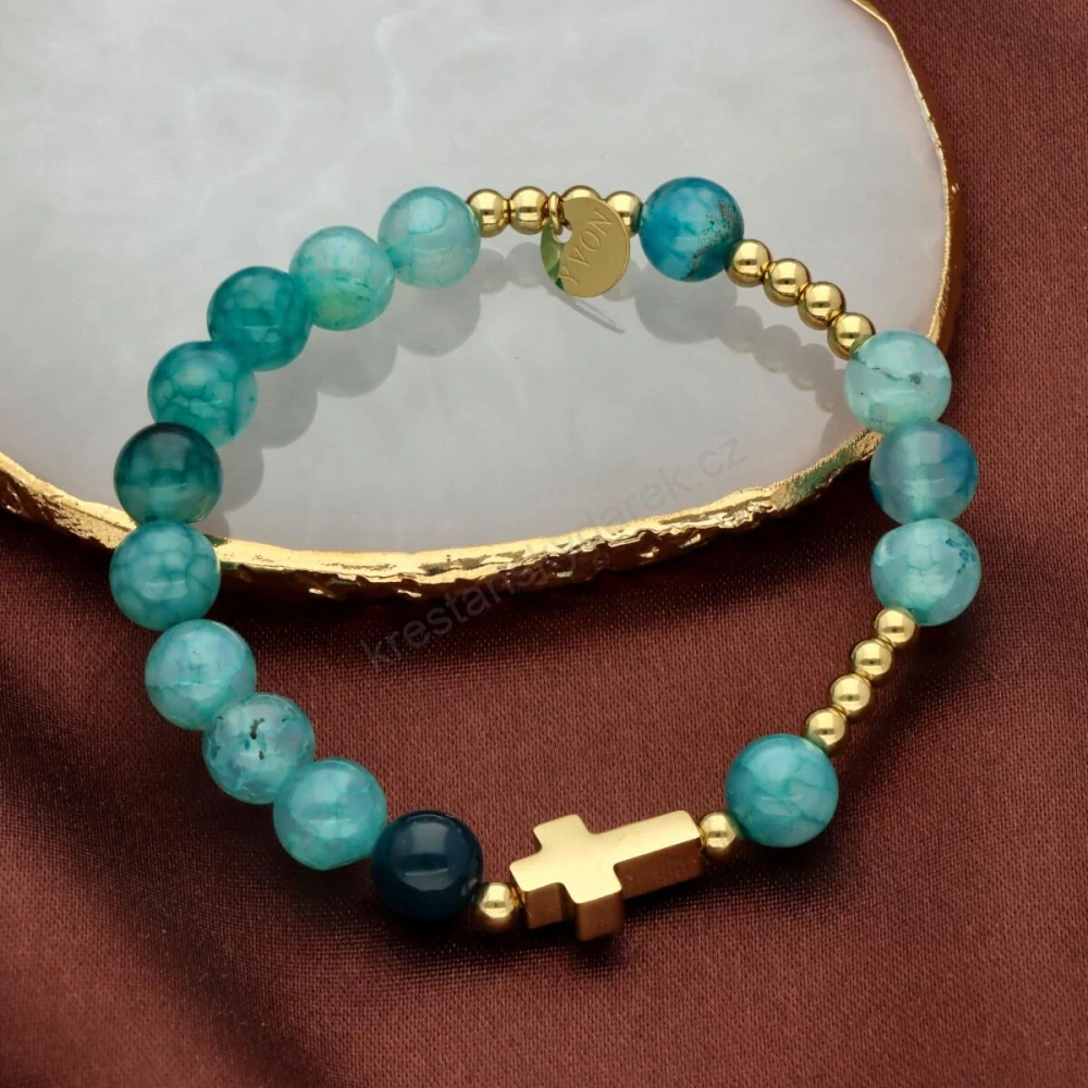 Dámský růženec na ruku z pozlacené ušlechtilé oceli s přírodními kameny dračího achátu