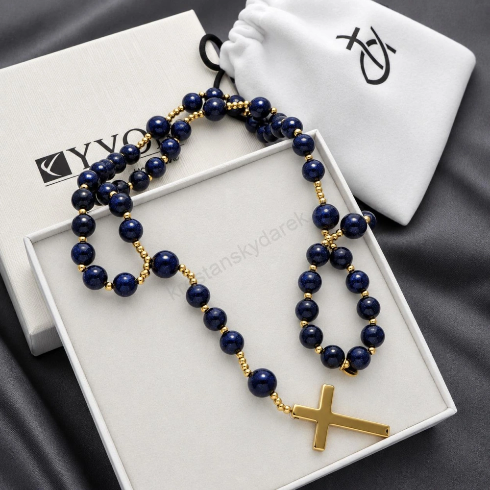 Luxusní růženec z kamínky nazývanými "Noc kairu", pozlacený