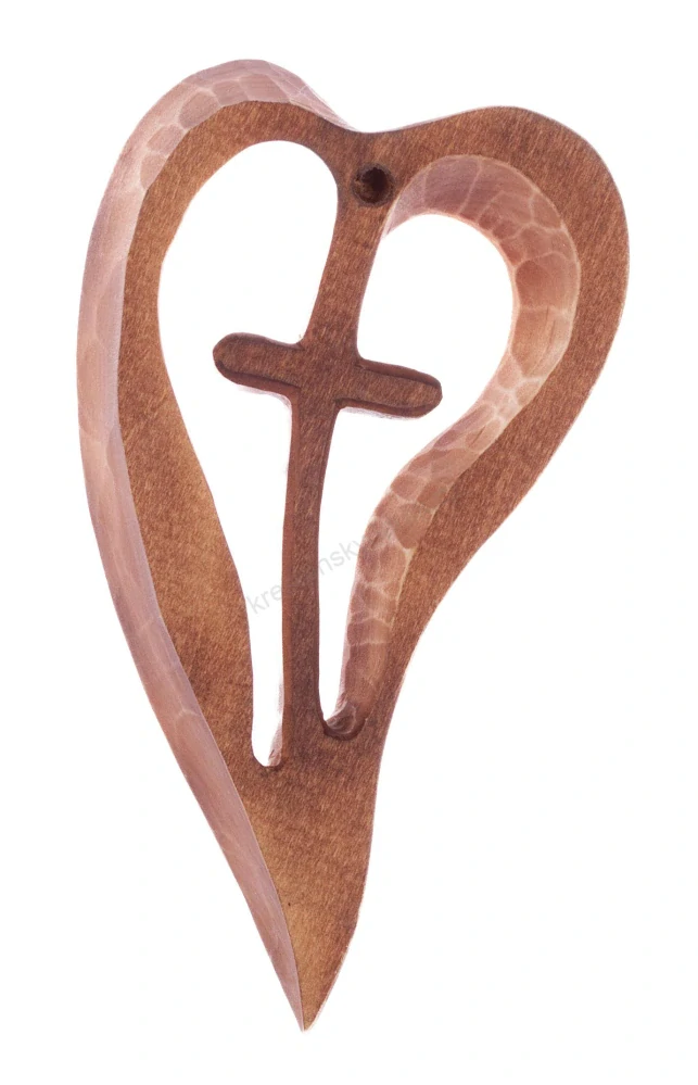 Kříž v srdci (16 cm) - rozjímavá dřevořezba - Šedohnědá