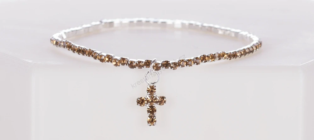 Třpytivý kamínkový náramek s křížkem - mini kamínky, různé barvy