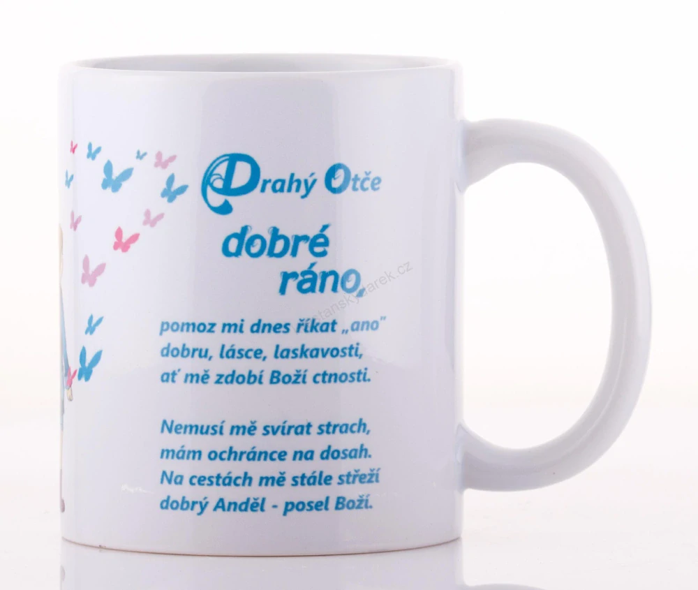 Dětský hrnek s ranní modlitbou pro holčičku v tyrkysové barvě