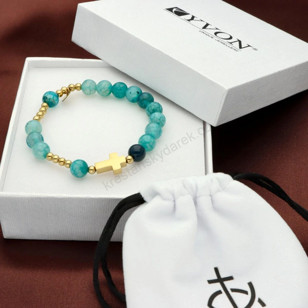 Dámský růženec na ruku z pozlacené ušlechtilé oceli s přírodními kameny dračího achátu