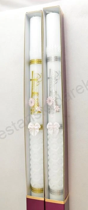Křestní svíce- velká, s možností doplnit si jméno a datum křtu - růžovo stříbrné aplikace