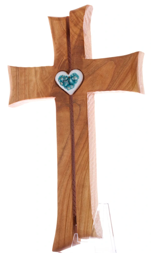 Kříž s keramickým modrým srdcem dvojitý 23 cm