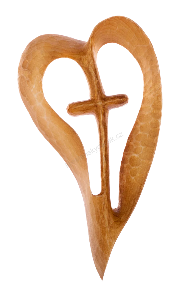Kříž v srdci (16 cm) - rozjímavá dřevořezba - Šedohnědá