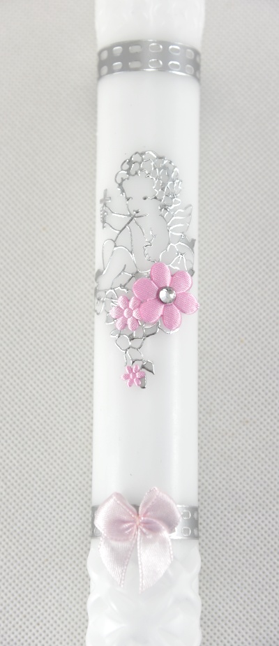 Křestní svíce - velká, s možností si doplnit jméno a datum křtu - růžovo stříbrné aplikace (vzor andílek)