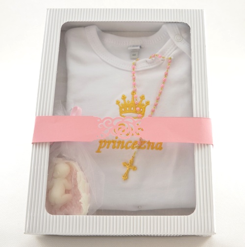 Křestní dárková kazetka pro Boží princezničku (tří dílná - body, růženeček, dětské mýdlo)
