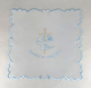 Křestní rouška čtvercová obšívaná, modro zlatá výšivka vzor Holubička