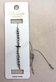 Jemný náramek z broušených perliček s křížkem - Hematitově stříbrný