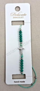 Jemný náramek z broušených perliček s křížkem - Modrozelenkavý