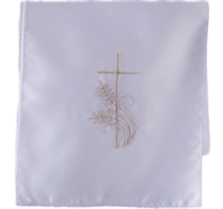Křestní rouška (stuha) pro dospělé - motiv Kříž s klasem  (bílo stříbrná)