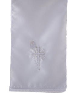 Křestní rouška (stuha) pro dospělé - motiv Záře kříže  (bílo stříbrná)
