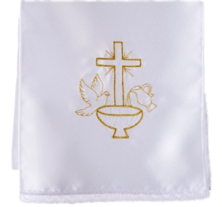 Křestní rouška (stuha) pro dospělé, vyšívaná - motiv Křtitelnice, holubice, džbán  (bílo zlatá)