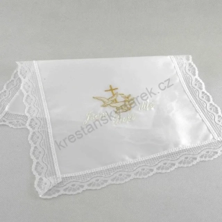 Křestní rouška vyšívaná, vzor křtitelnice, holubice, olivová ratolest - bílo zlatá výšivka