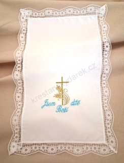 Křestní rouška vyšívaná vzor 5: křížek s klasem modro - zlatá výšivka)