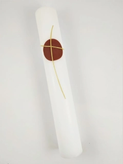 Křestní svíce s motivem zlatého kříže ve vínově - hnědém kruhu