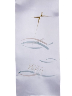 Křestní stuha pro dospělé ručně malovaná s motivem kříže se světle modrými rybkami