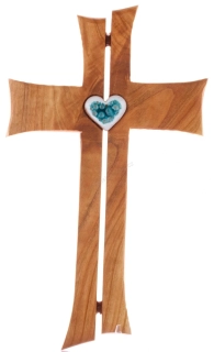 Kříž s keramickým modrým srdcem dvojitý 23 cm