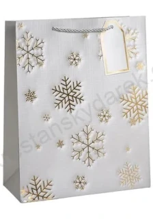 Luxusní dárková taška stříbrná se zlatými sněhovými vločkami (střední)