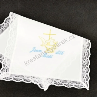 Křestní rouška vyšívaná, vzor křtitelnice, holubice, olivová ratolest - modro zlatá výšivka