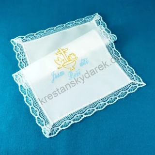 Křestní rouška vyšívaná, vzor křtitelnice s holubicí a džbánkem (modro - zlatá výšivka)