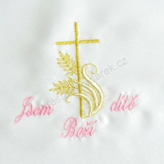 Křestní rouška vyšívaná vzor 5: křížek s klasem (růžovo - zlatá výšivka)