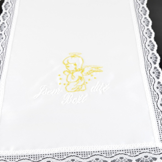 Křestní rouška vyšívaná, vzor Andělíček (zlato - bílá výšivka)