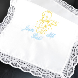 Křestní rouška vyšívaná, vzor Andělíček (zlato modrá výšivka)