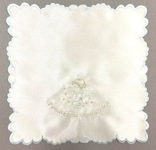 Křestní rouška čtvercová - obšívaná, s modrostříbrnou výšivkou, vzor Andělíček