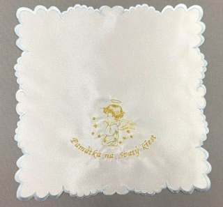 Křestní rouška čtvercová - obšívaná, s modro zlatou výšivkou, vzor Andělíček