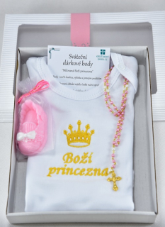 Křestní dárková kazetka pro Boží princezničku (tří dílná - body, růženeček, dětské mýdlo)