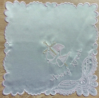 Křestní rouška čtvercová obšívaná, růžovo - zlatá výšivka vzor Holubička