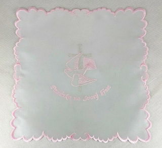 Křestní rouška čtvercová obšívaná, růžovo - stříbrná výšivka vzor Holubička