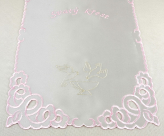 Křestní rouška větší - stříbrno růžová výšivka, motiv "Dvě holubičky" (varianta růžový lem)